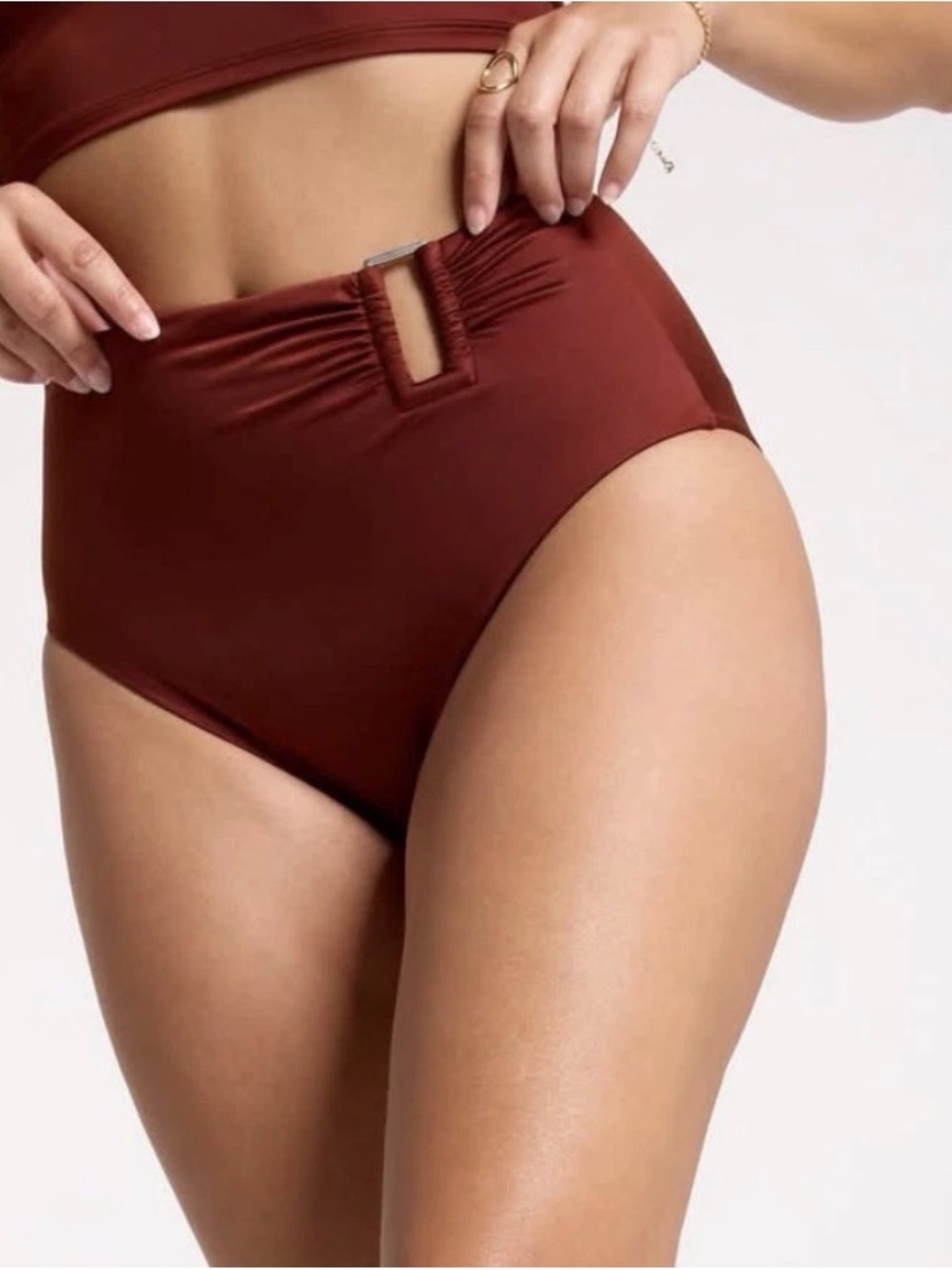 CALIA by Carrie Underwood High-Waist Bikini Bottoms in Red Brown Shine